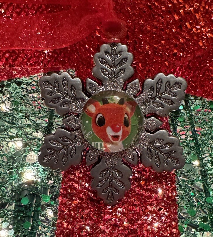 New Rudolph Red Nosed Reindeer Silver Sparkle Snowflake Christmas Tree Ornament
