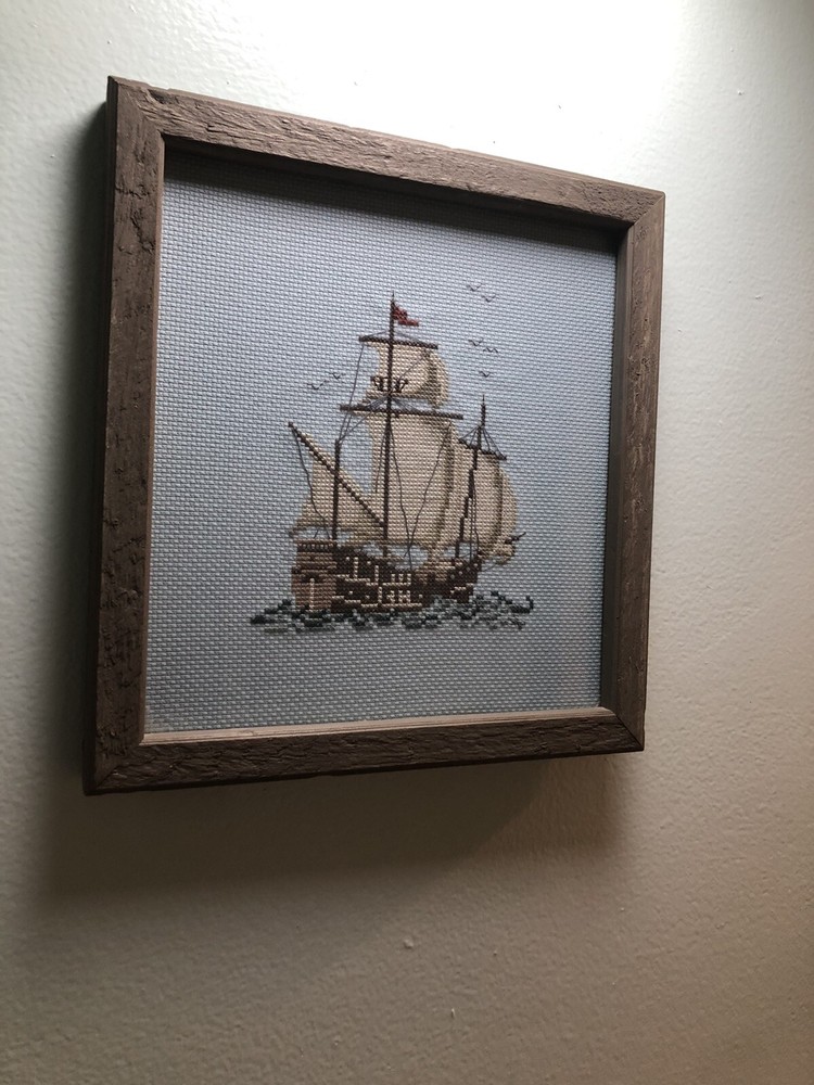 Hand made Cross Stitch Framed Ship