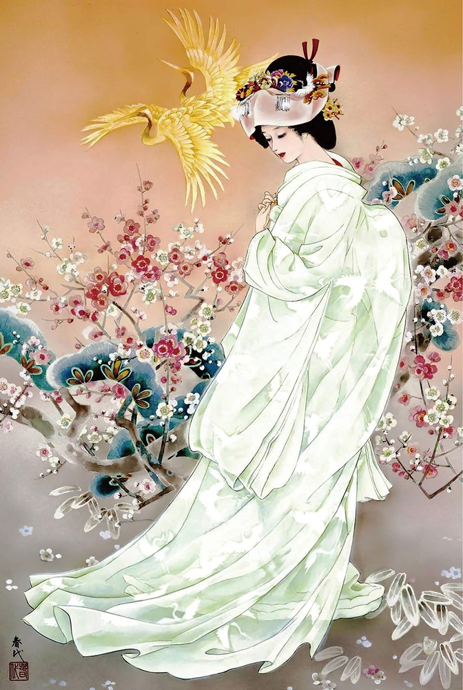 Funnybox White Kimono Beauty Paintings by Haruyo Morita- Wooden Jigsaw Puzzle...