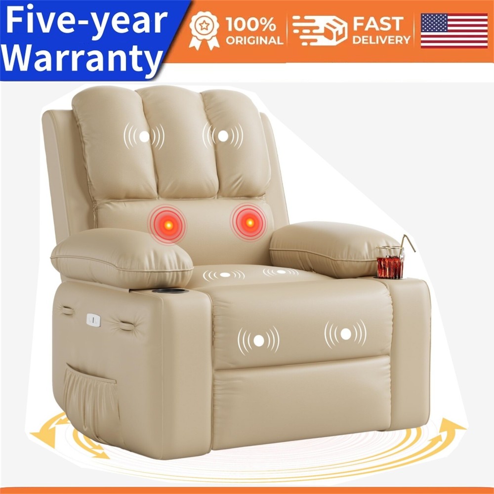 Oversized Electric Recliner Chair with Massage Heat and 360° Swivel Remote