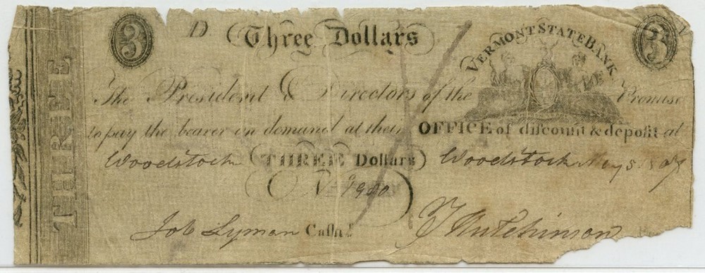 1900 Three Dollars Obsolete Currency VF Vermont State Bank, edges/corner missing