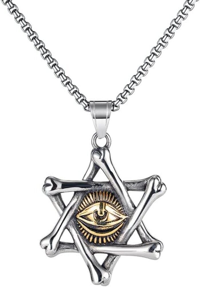 Stainless Steel Star of David Illuminati Masonic Evil Eye Pendant Necklace Chain