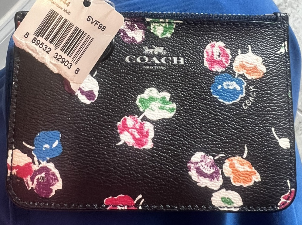 COACH Black Leather Flower Coin Purse for Women Brand New With Tags