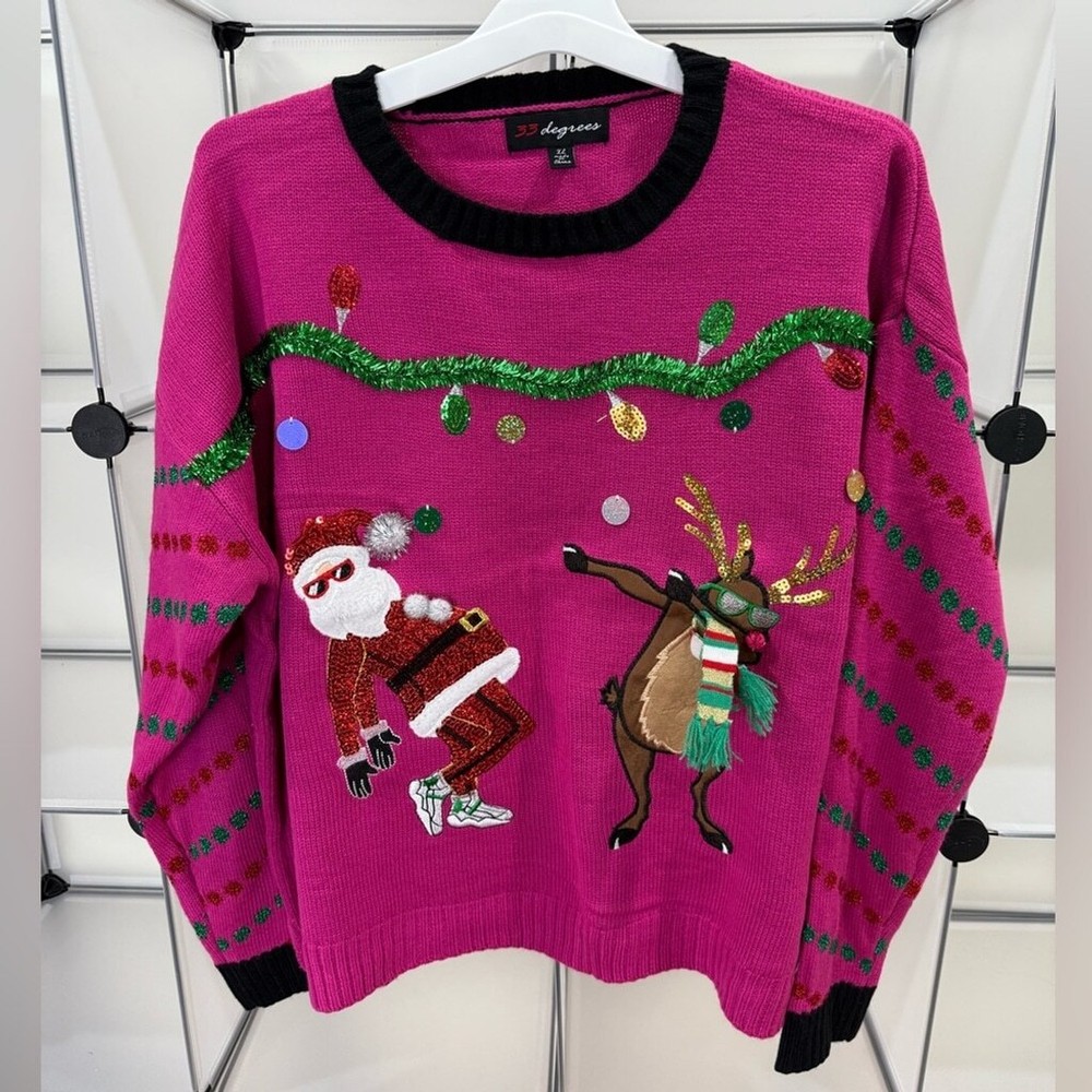 33 Degrees Women's Dancing Santa and Reindeer Ugly Christmas Sweater Pink XL New