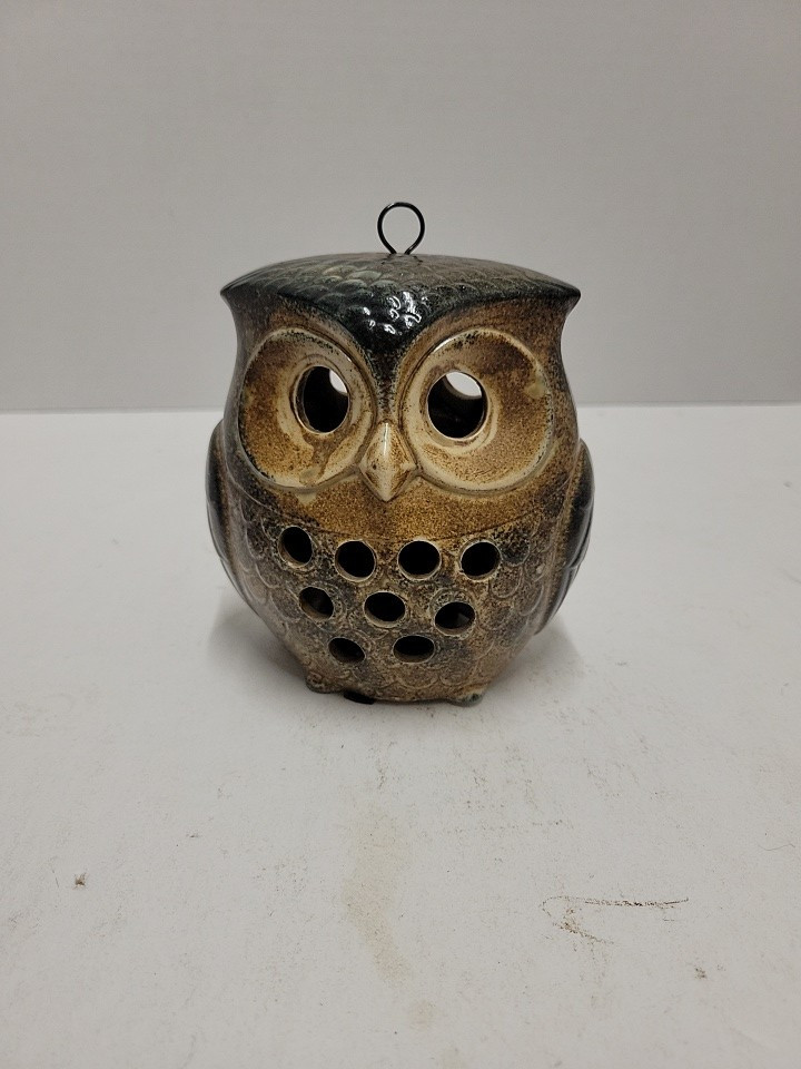 Mid-Century Stoneware Owl Tea Light Holder Double-Sided Hanging Candle