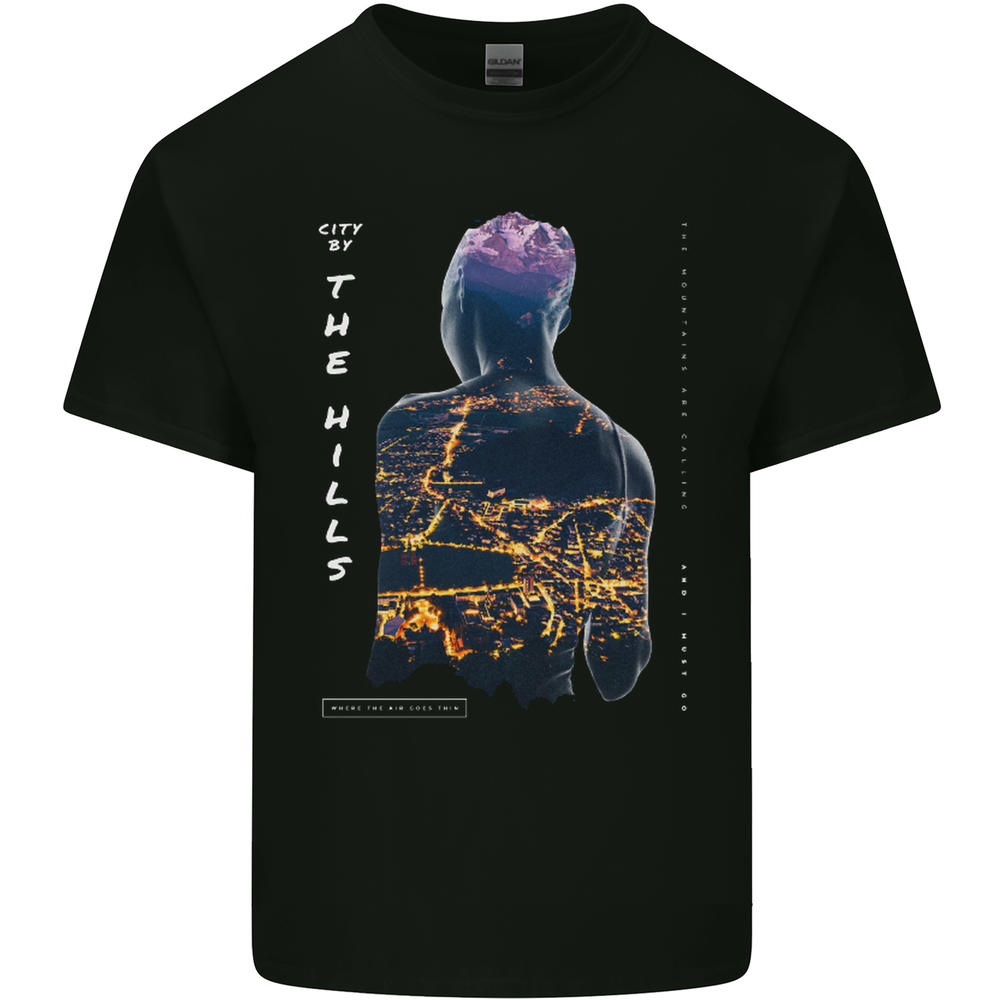 City Lights & Mountains Double Exposure Mens Cotton T-Shirt Tee Top