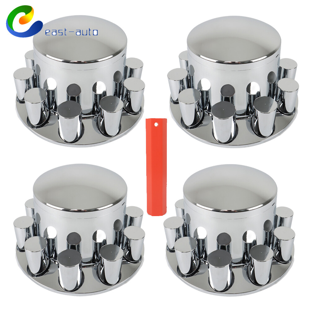 4 Chrome Semi Truck Rear Wheel Axle Covers with Hub Caps & Lug Nuts Set 33mm