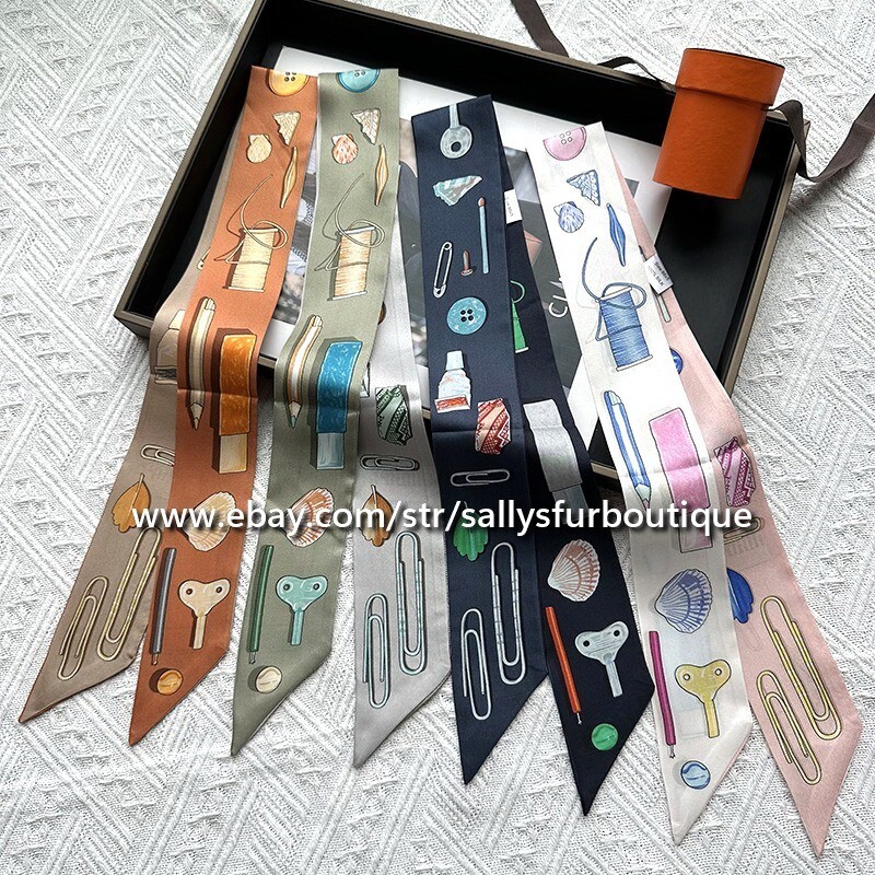Sallys 100% Silk Scarf Ribbon Headband Neck Tie Clips Print Slim Bag 85x5cm