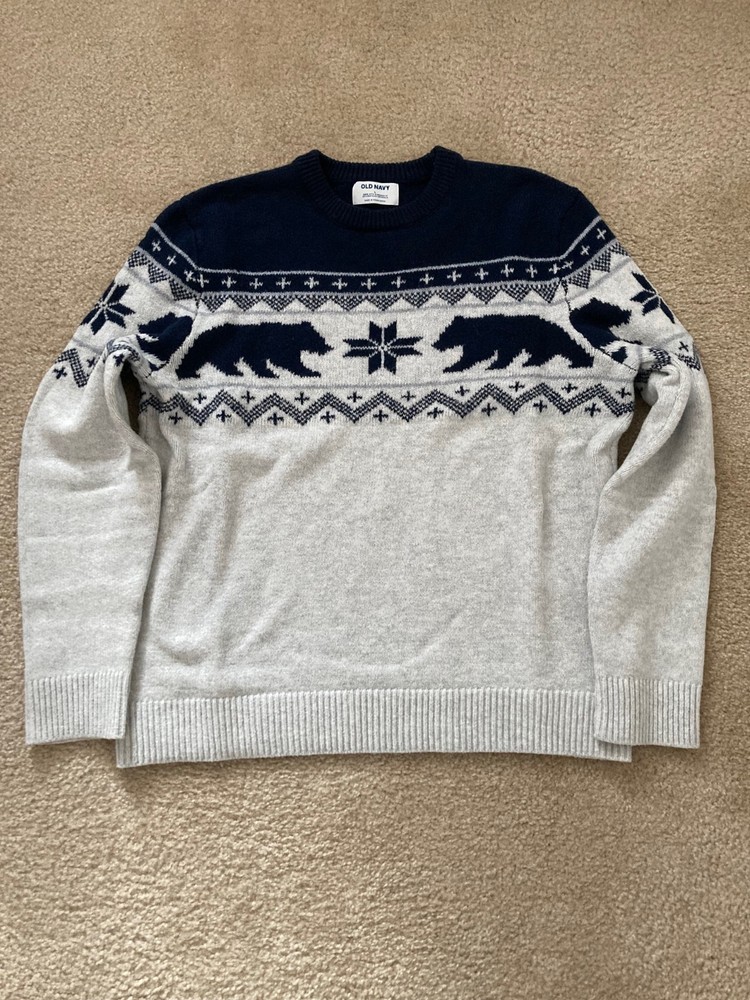 Men's Old Navy Fair Isle Crew Neck Sweater Dark Blue/Light Grey Heather L EUC