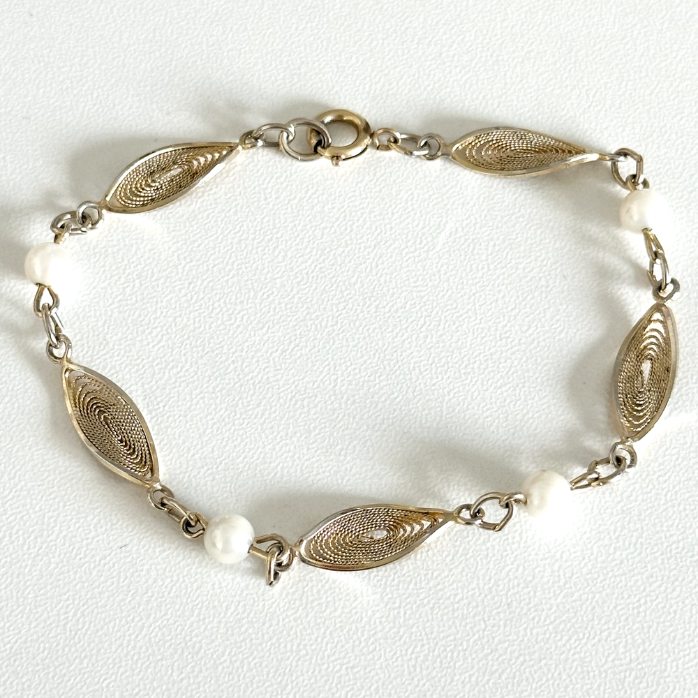 Vintage 12K Yellow Gold Filled Pearl Filigree Detail Chain Link Bracelet 7