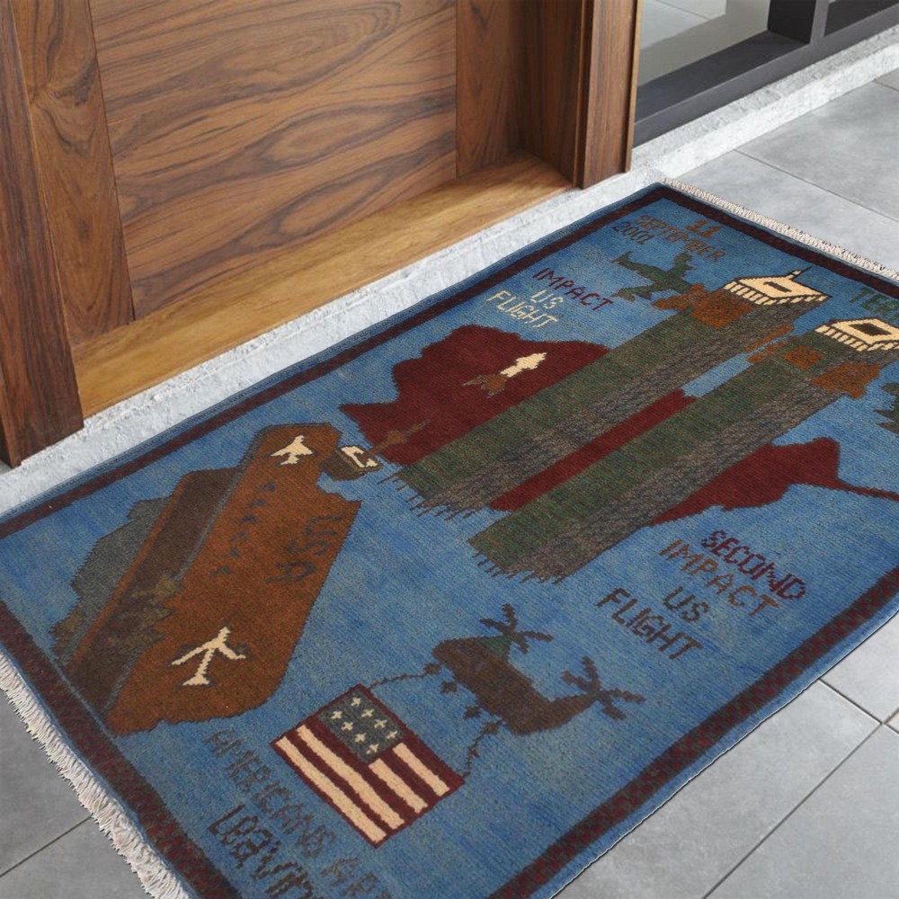 Hand Knotted Afghan Historical War 9/11 Pictorial Soft Wool Area Rug 3 x 2 Ft