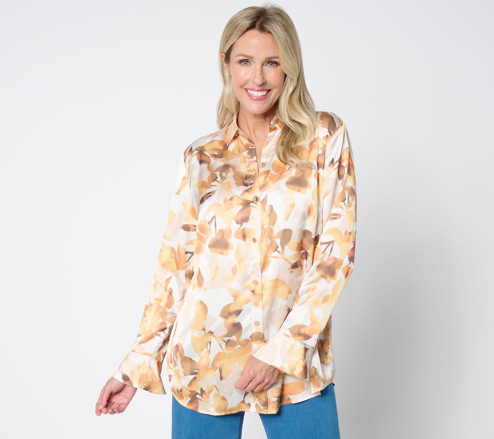 Susan Graver Women's Top Sz L Charmeuse Printed Button Front Yellow A654245