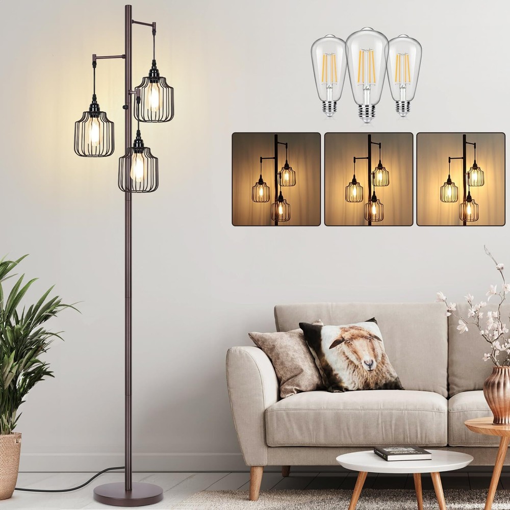 Dimmable Industrial Floor Lamp with 3 LED Edsion Bulbs, Farmhouse Tall Standi...