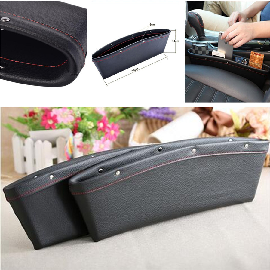 2 Pcs Black PU Leather Car Autos Seat Catcher Box Caddy Gap Slit Organizer Bag