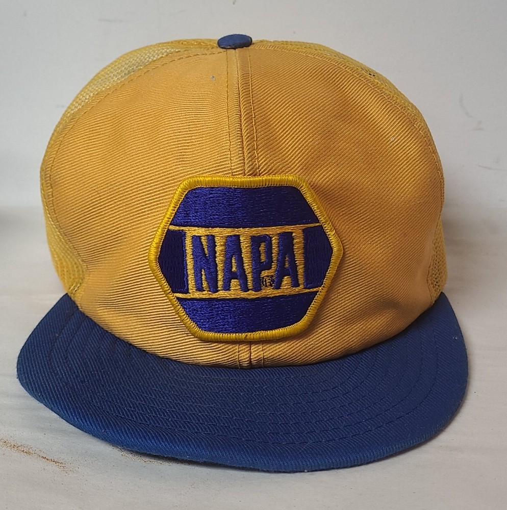 Vintage Napa Hat Cap Snap Back Mesh Trucker One Size Yellow Blue Made In USA