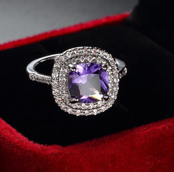 2Ct Cushion Simulated Purple Amethyst Women's Wedding Ring 14K White Gold Plated