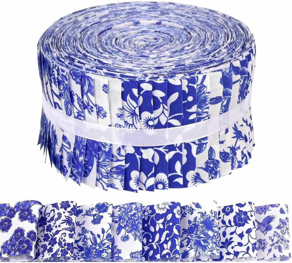 40 Pcs Blue and White Porcelain Cotton Jelly Roll Strips for Quilting