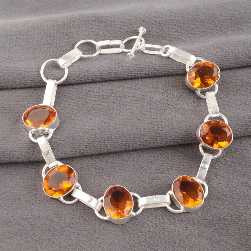 Handmade Oval Citrine Stone Bezel Bracelet in 925 Silver Valentine Gift