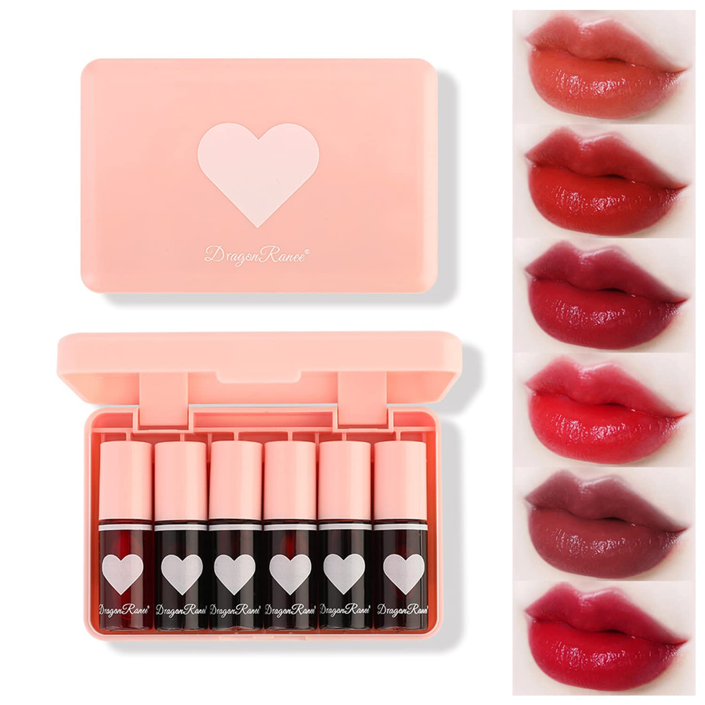 6-Color Korean Lip Tint Stain Mini Set with Moisturizing Gloss