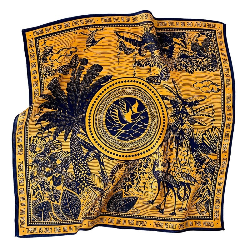 100% Silk 21-Inch Square Scarf for Women Yellow Animal Tree Print Neckerchief Wrap  