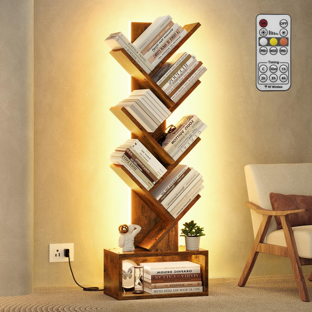 6 Tier Tree Bookshelf, Tall Bookcase, Freestanding Book Shelf with LED Lights...