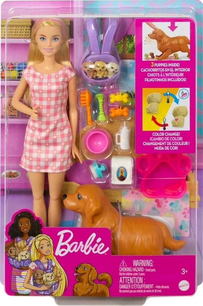 Barbie Doll & Newborn Pets Playset with Pregnant Mom Dog, Colour-Change Puppies