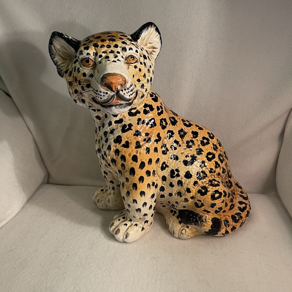 Italian Mid Century Hollywood Regency Glazed Terracotta Leopard Cub Statue 1960’