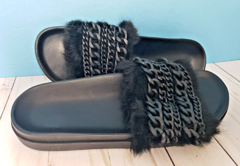 Kendall + Kyle Women’s Black Leather Shiloh Fur Chain Slide Sandals US Size 8M