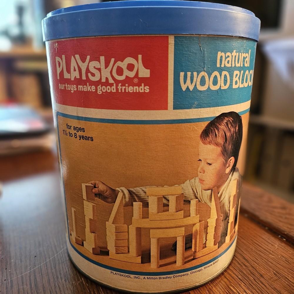 NATURAL WOOD BLOCKS - Vintage 1974 Playskool 40 Piece Set Original Can