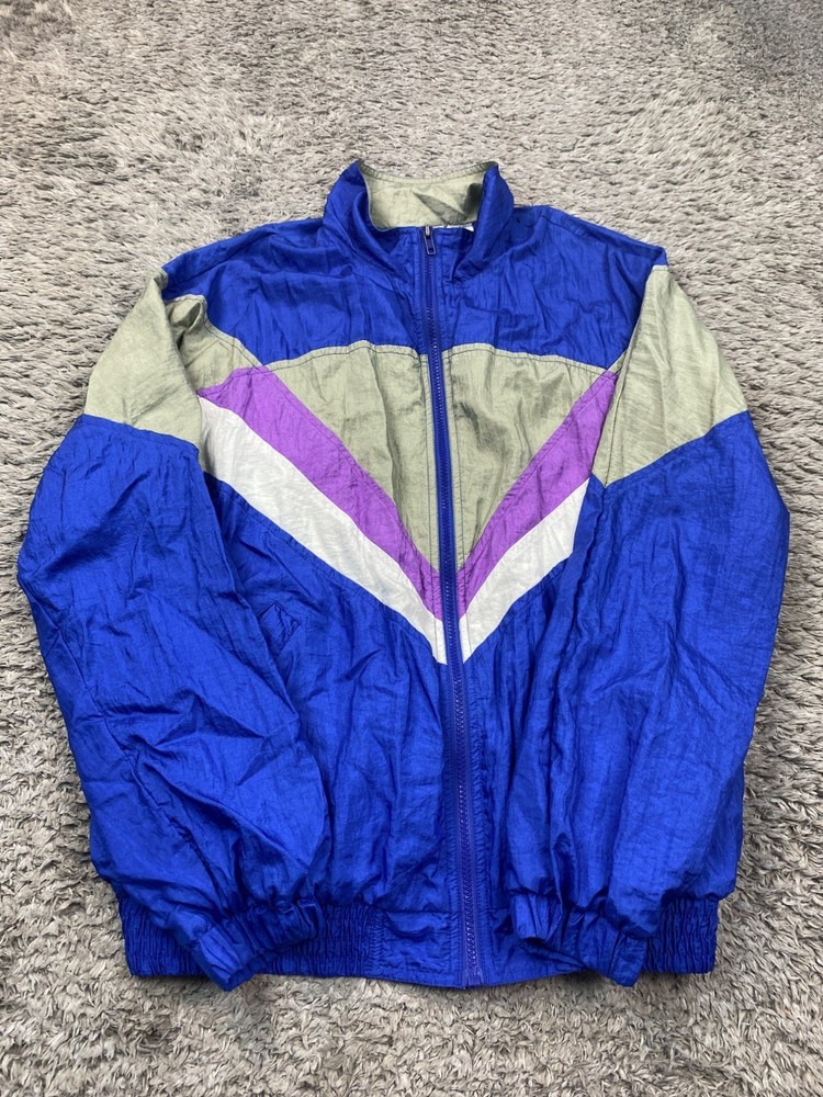 Vtg Champs Jacket Men Medium Blue Chevron Striped Lined Full Zip Windbreaker