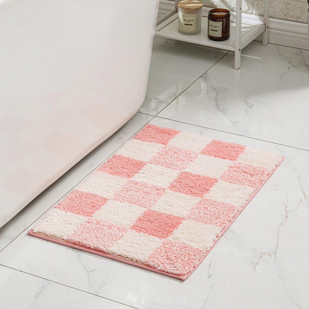 Non-Slip Checkered Fluffy Microfiber Bath Mat Absorbent for Bathroom