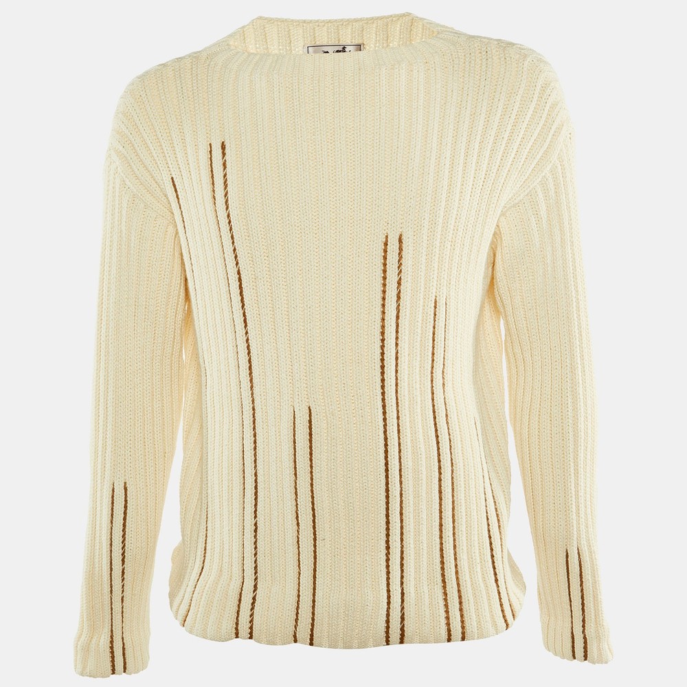 Hermes Cream Cotton Cable Knit Leather Braided Pull Over S