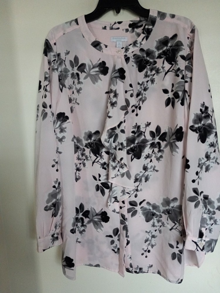 Charter Club Womens 2X Pink floral Linen button Up Blouse Long Sleeve Collared