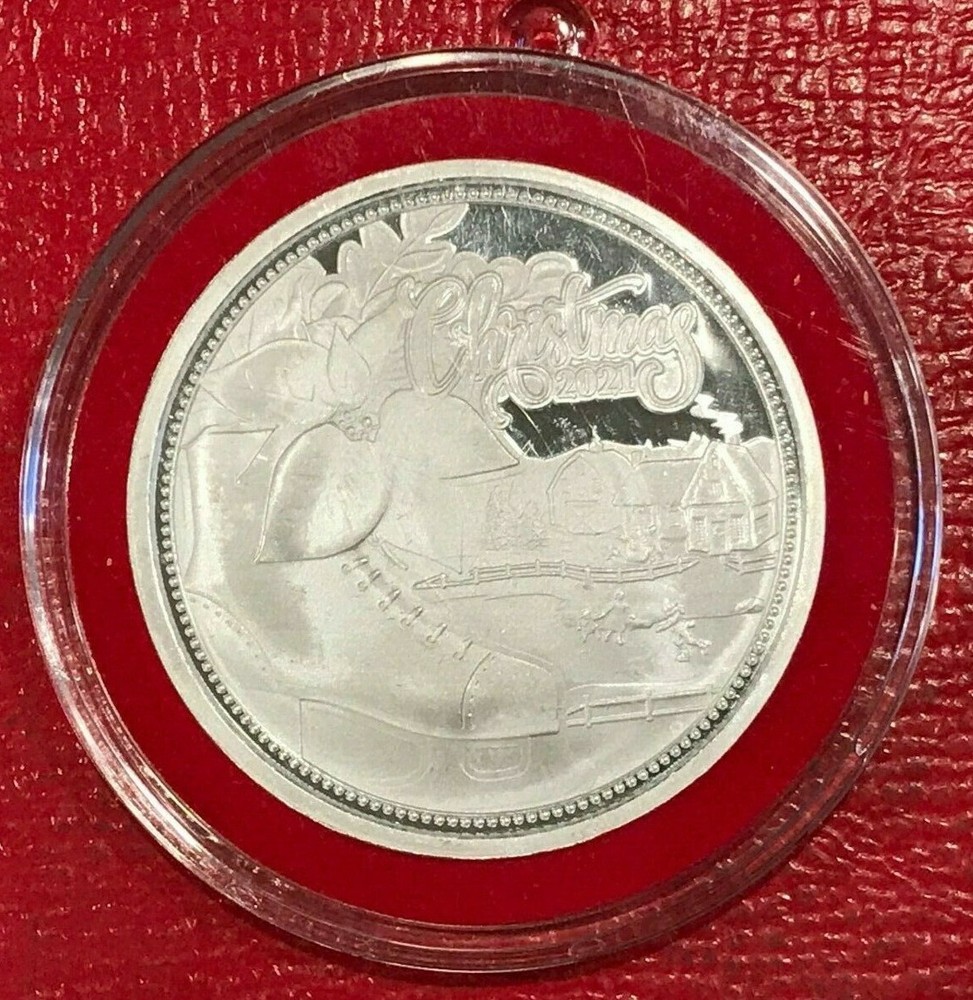 2021 CHRISTMAS SCENE WITH SHOE ORNAMENT 999 FINE SILVER TROY 1 OZ ROUND-FEB353