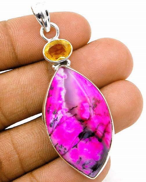 Natural Pink Dendrite Opal & Citrine 925 Solid Sterling Silver Pendant @B19-4