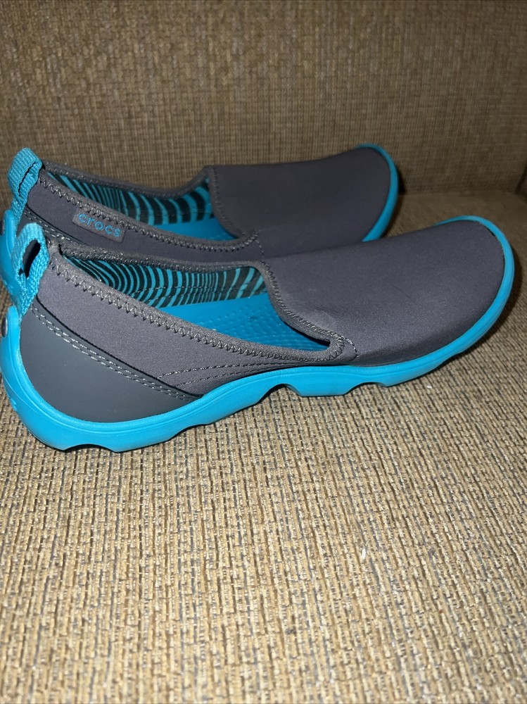 CROCS-Busy Day-Stretch Fabric Slip On Flats-Gray/Turquoise-Size 6