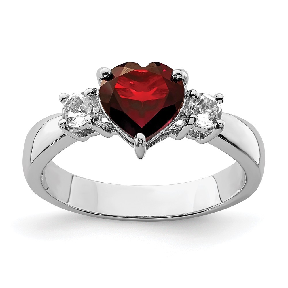 925 Sterling Silver Rhodium-plated Heart Garnet & White Topaz Ring Size 8
