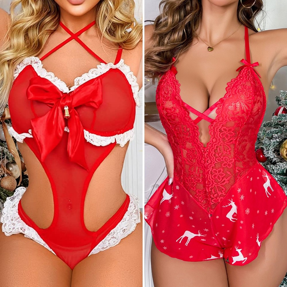 Sexy Santa Lingerie Costume Hollow Bodysuit Teddy Babydoll Gift for Women