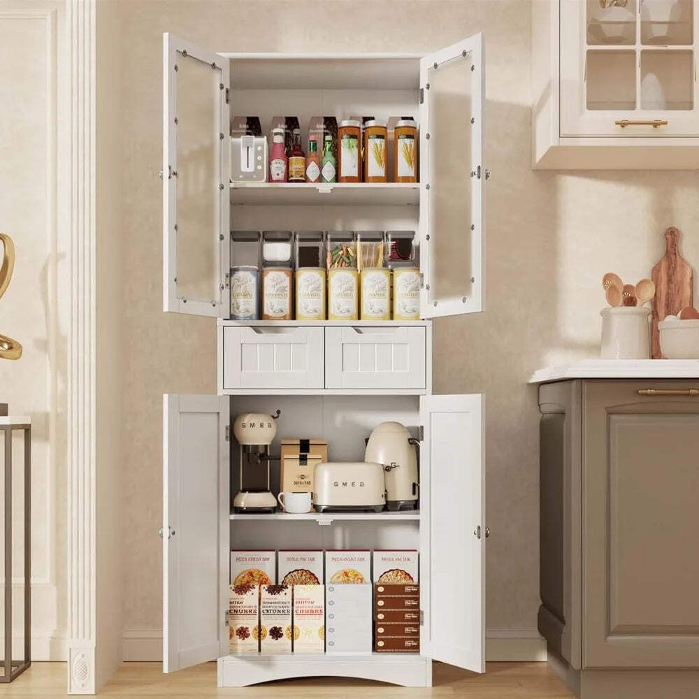 67 Inch Freestanding Kitchen Pantry Cabinet with Glass Door Storage