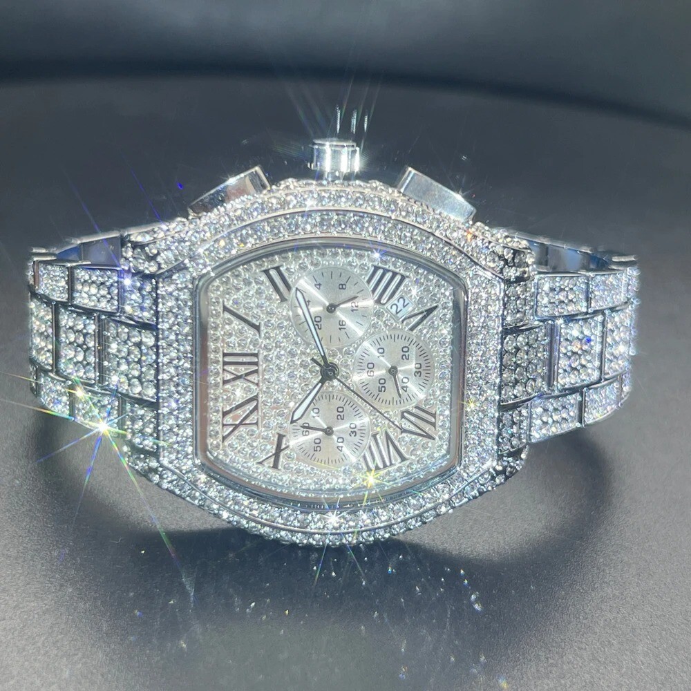 Hip Hop Luxury Ice Out Men's Watch Iced Bling Silver Simulated Diamond Tonneau