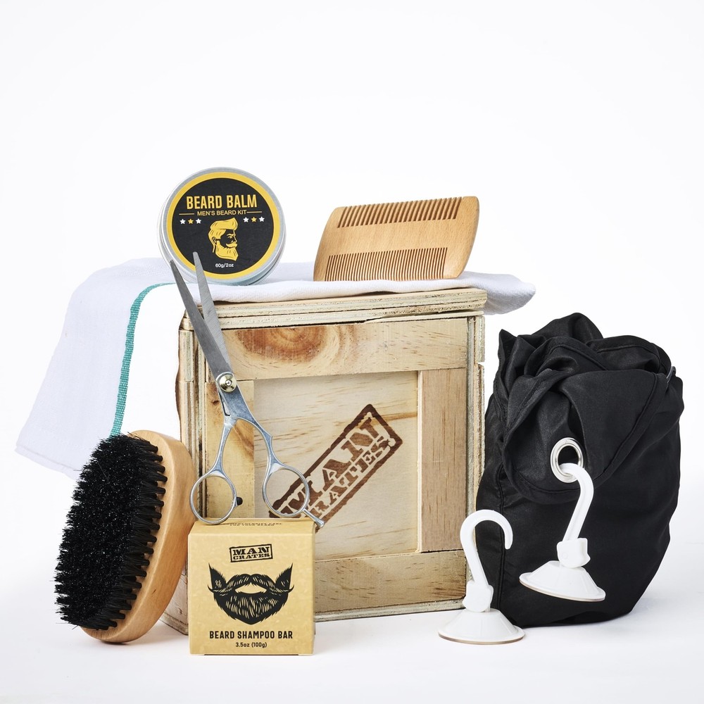 Beard Wrangler Mini Crate with Beard Shampoo Balm & Grooming Kit for Men