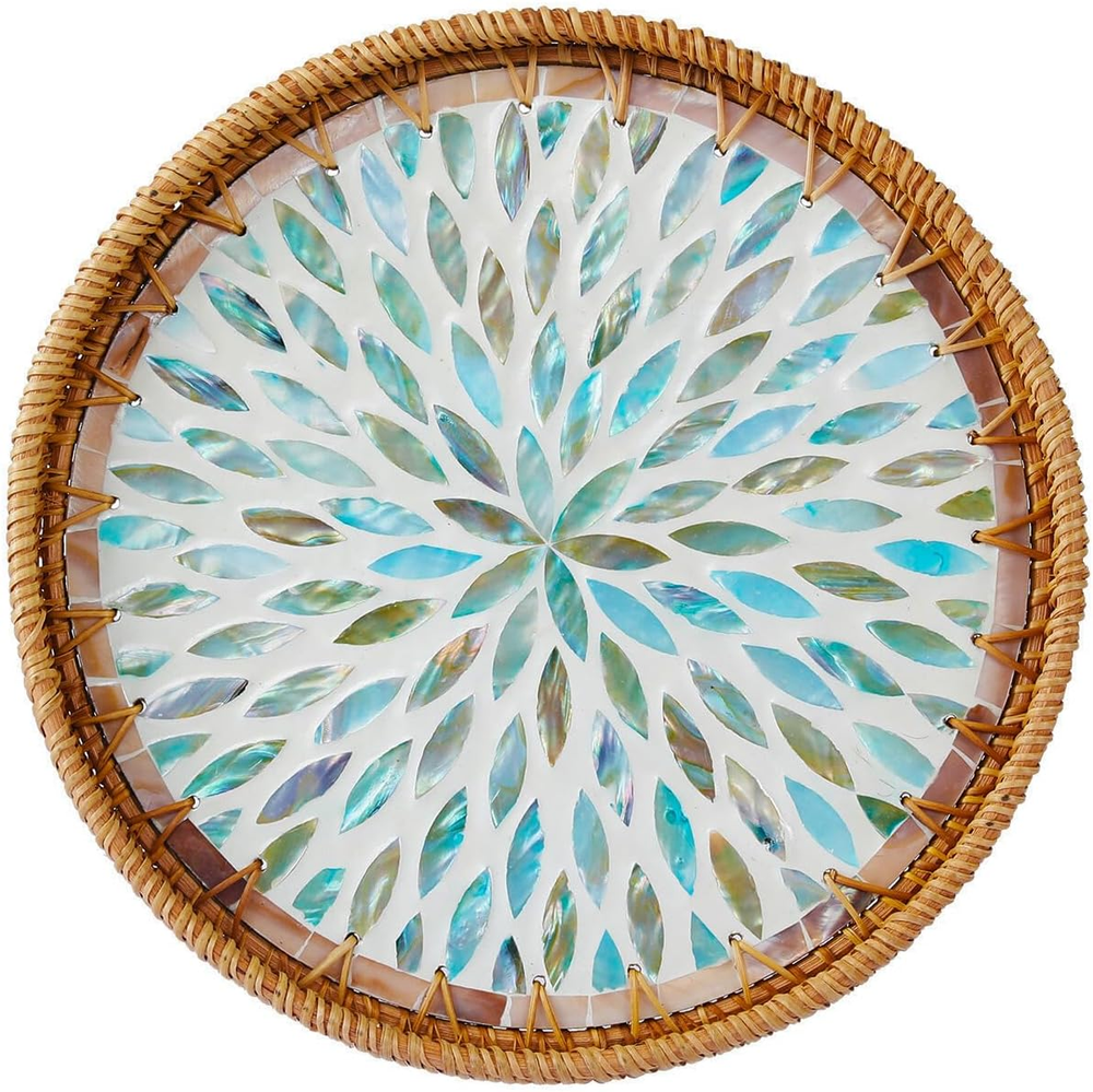 Rattan Serving Tray with Mother of Pearl 12 Inch, round Coffee Table Tray Decor,