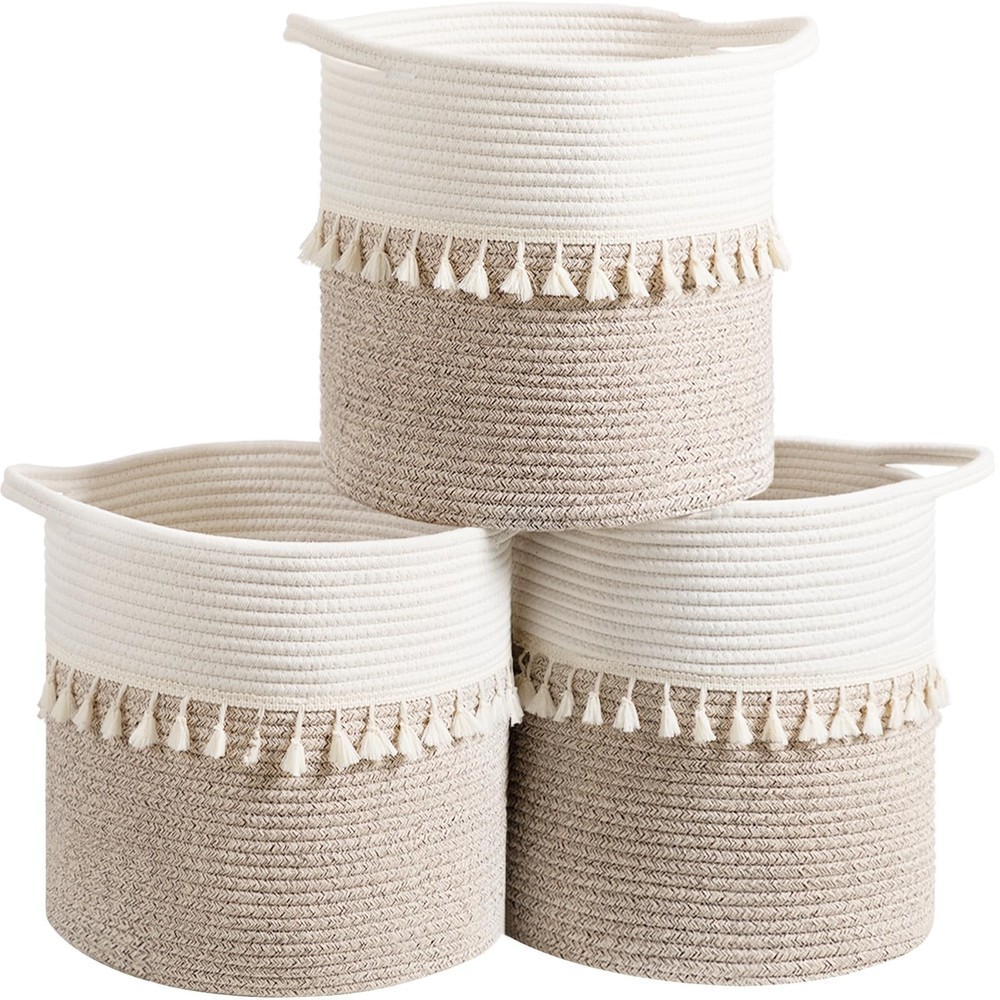 11 Inch Storage Baskets Set of 3, Cotton Woven Baskets for Storage with Stron...
