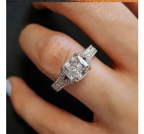 14k White Gold Plated Cushion Cut Simulated Diamond 925 Silver Engagement Ring