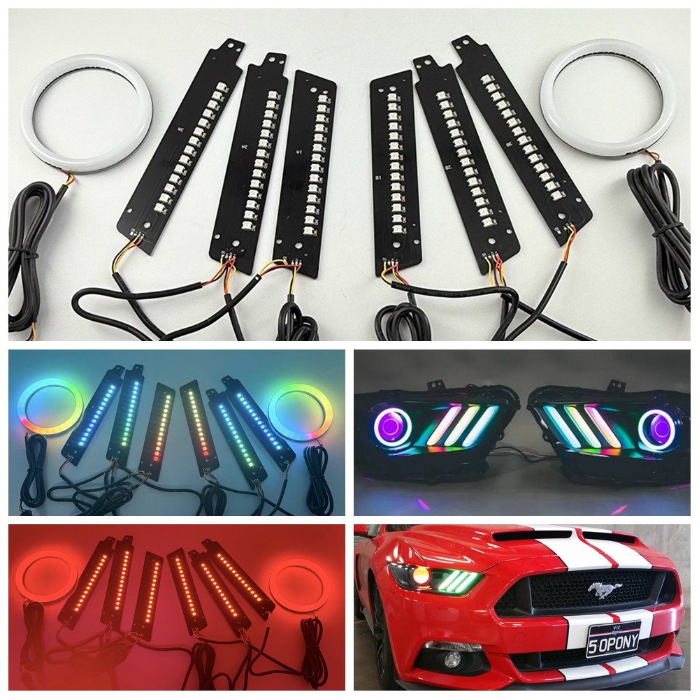 For Ford Mustang 15-17 RGB LED DRL Boards Multicolor Halo Rings White Headlight