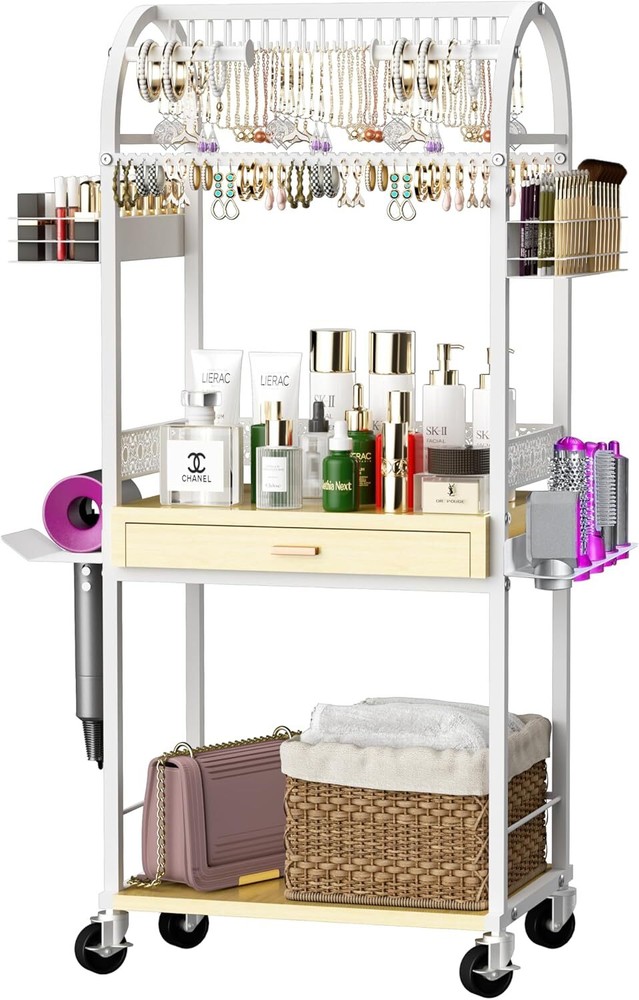 Makeup Organizer Cart with Wood Drawer,Jewelry Cart, Jewelry Stand