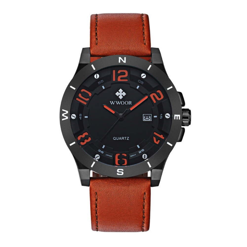 Sporty Matte Black Waterproof Quartz Watch with Calendar and Genuine Leather Str