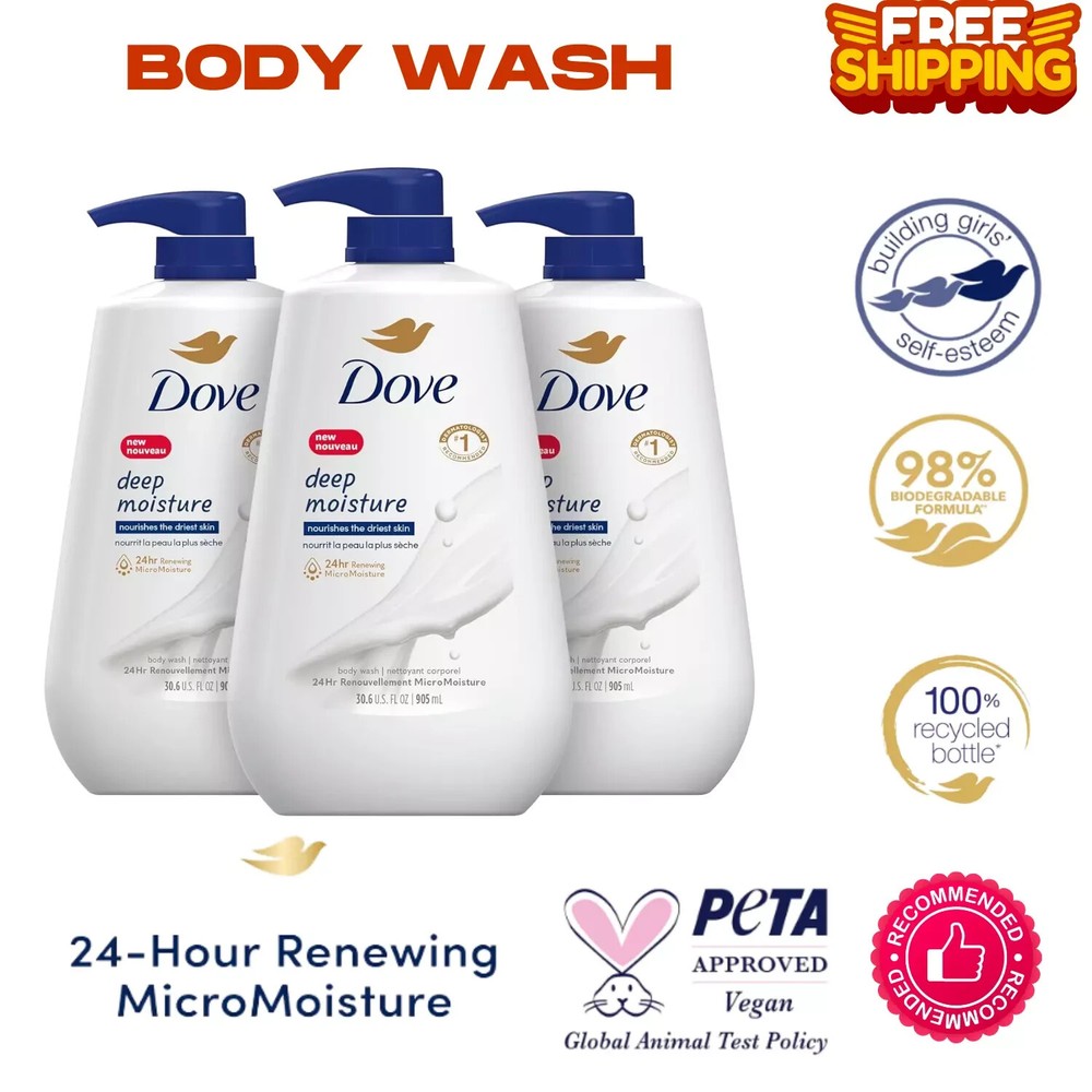 Dove Body Wash with Pump Deep Moisture 3 Count for Dry Skin Moisturizing Skin Cl