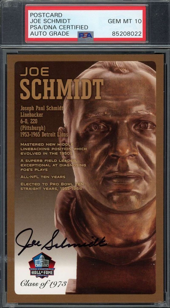 Joe Schmidt Gem Mint 10 PSA DNA Signed Hall of Fame Bronze Bust Postcard /150 Au