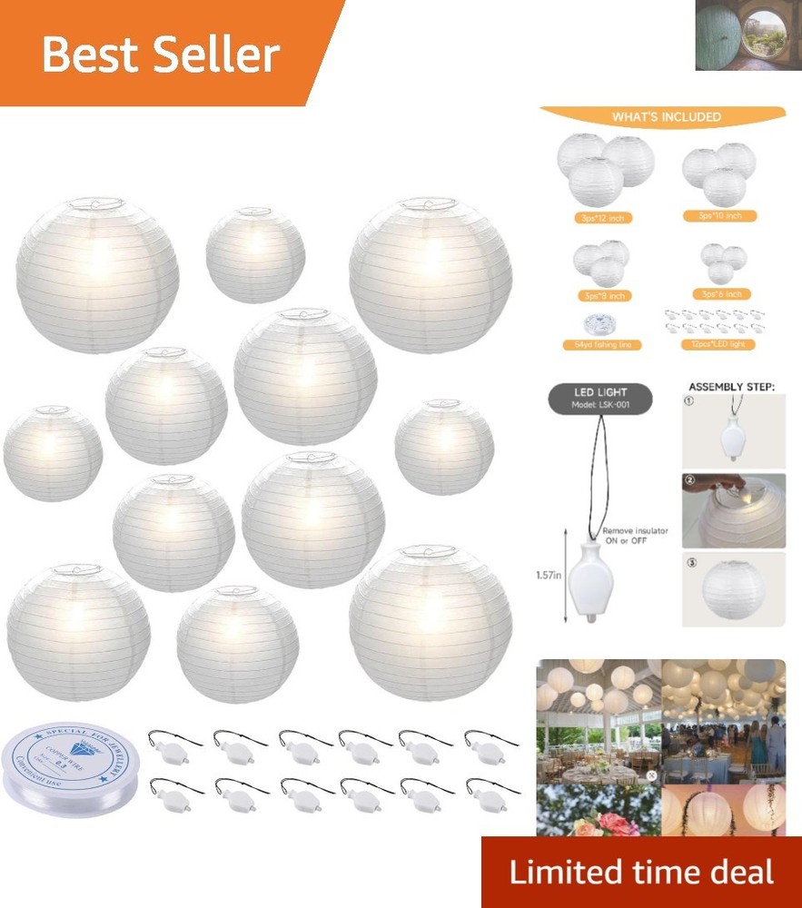 Customizable Round Paper Lanterns - 12 Pcs with 12 Warm White LED Lights